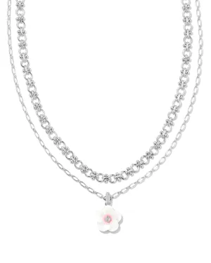 Deliah Multi Strand Necklace in Rhodium Iridescent Pink/White Mix