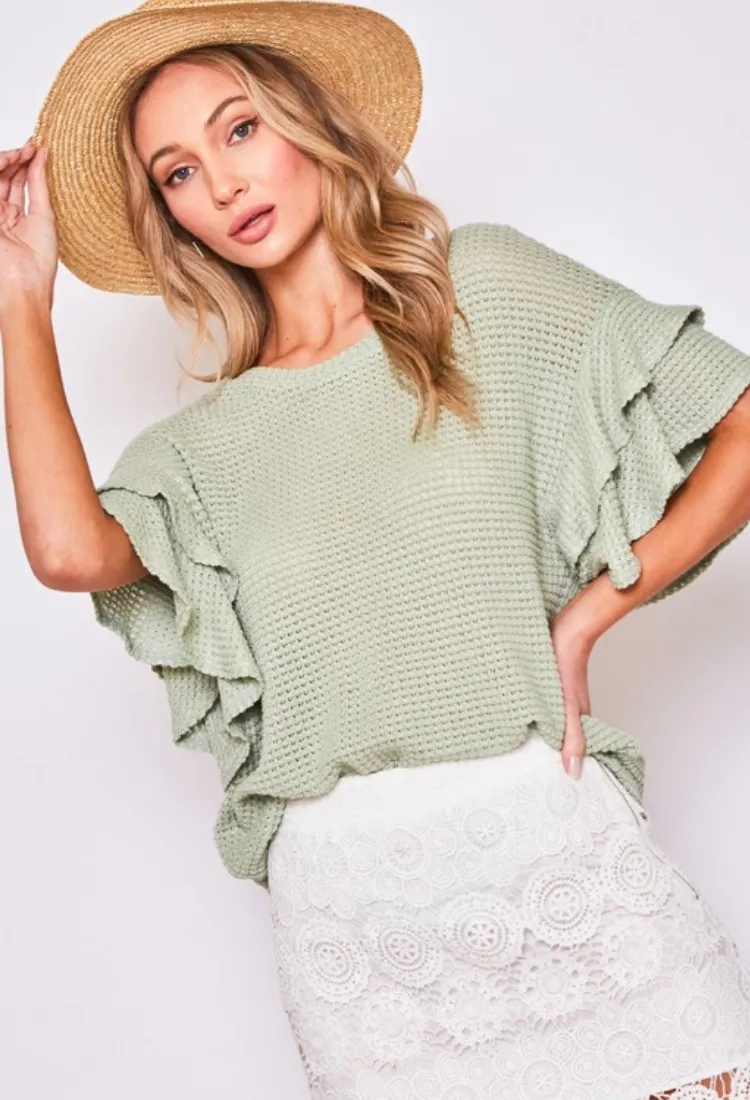 Desiree Ruffle Sleeve Waffle Top