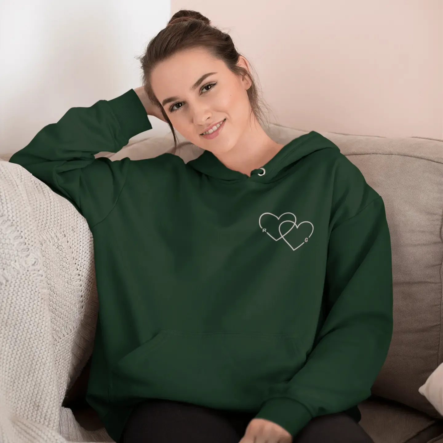 Double Heart Embroidered Initials Unisex Hoodie