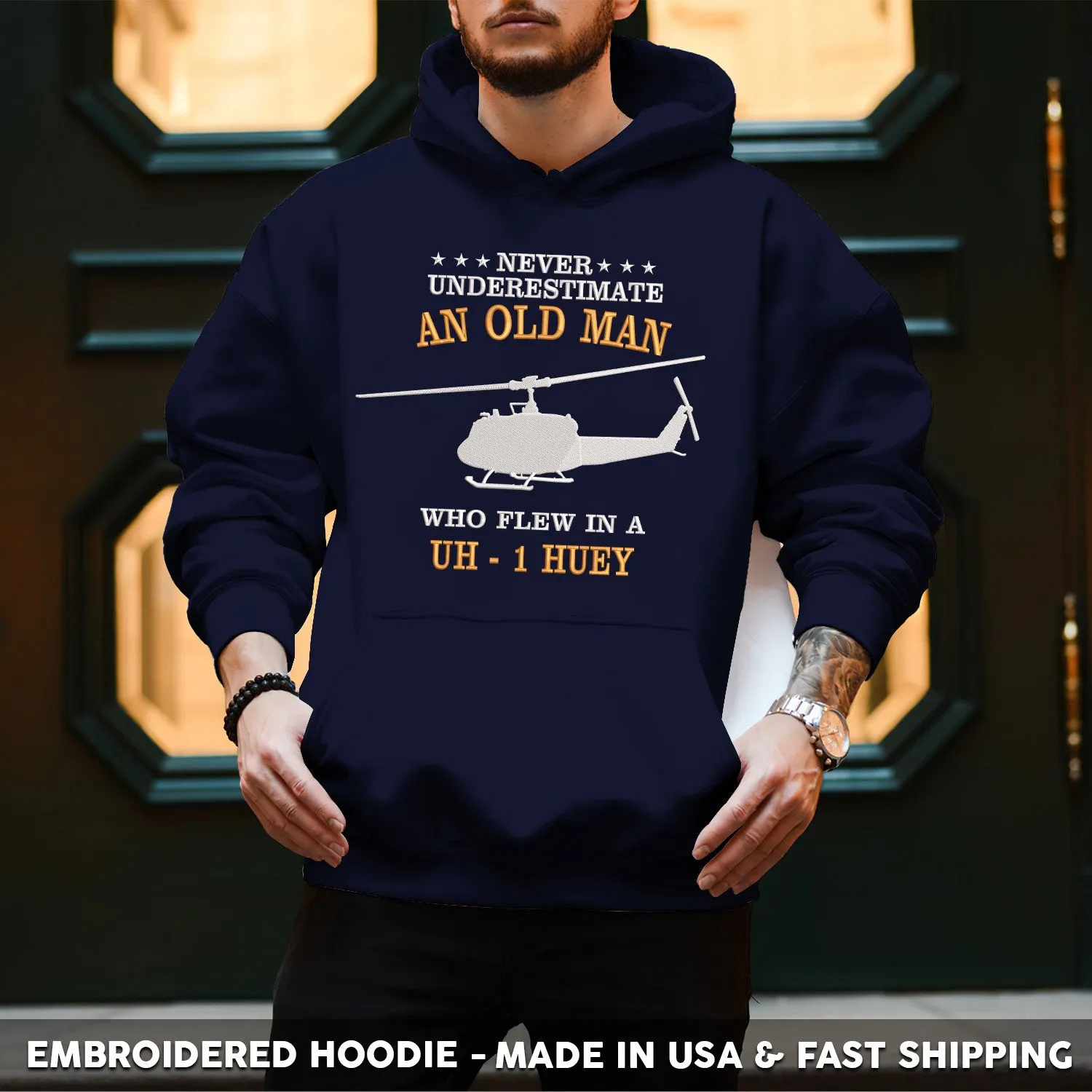Embroidered T-Shirt - Never Underestimate An Old Man Who Flew In A UH 1 Huey