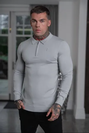 Father Sons Classic Grey Merino Wool Knitted Zip Polo Long Sleeve Jumper With FS Embroidery- FSN009