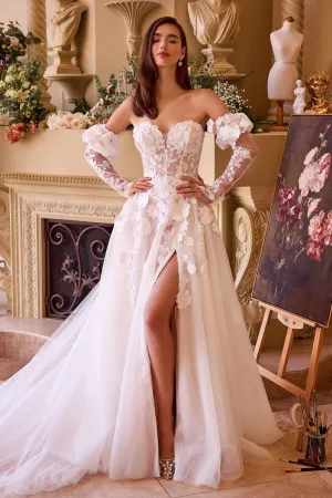 Floral Applique Adorned Strapless Wedding Gown
