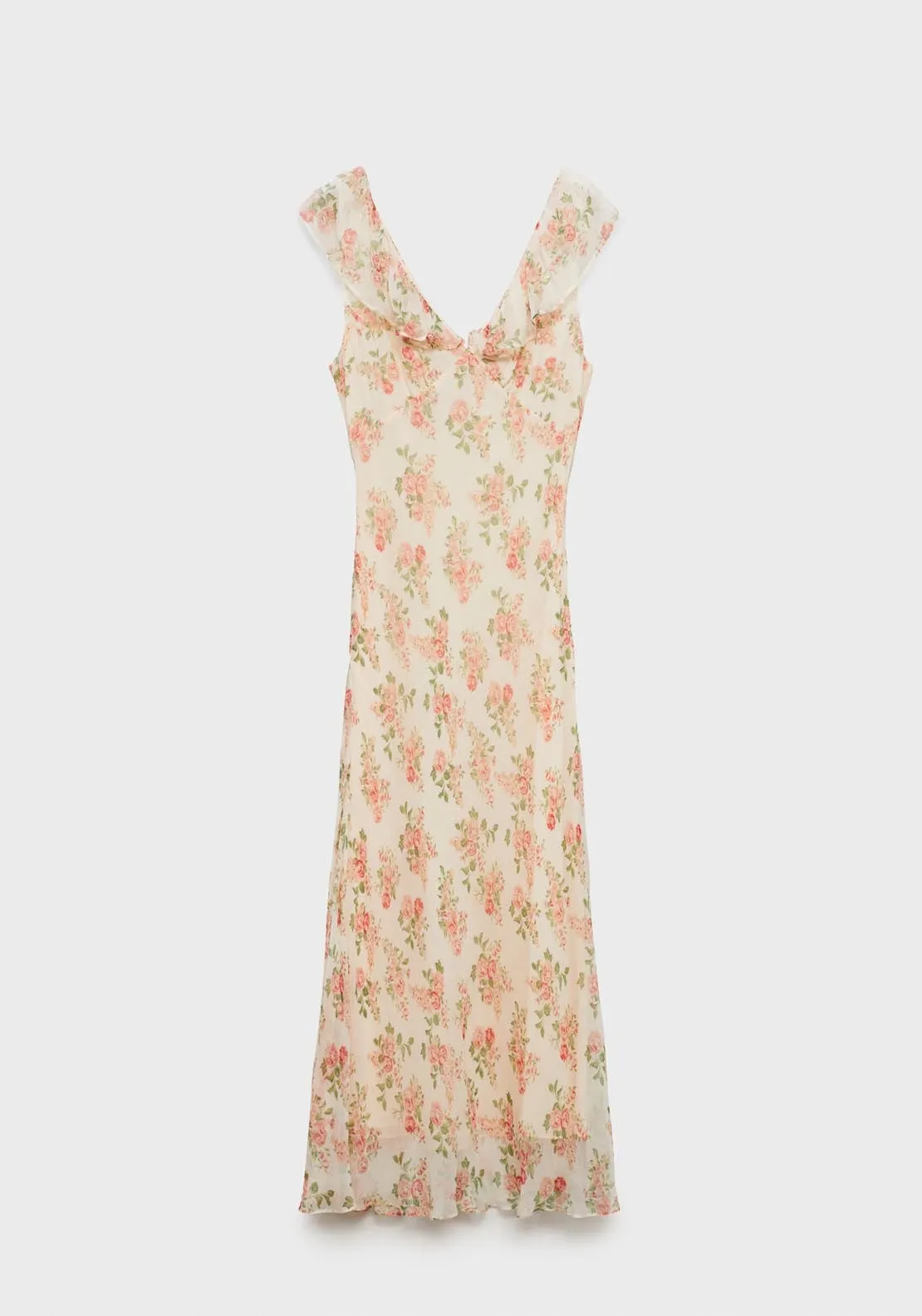 Floral Midi Dress With Bow - Light Beige