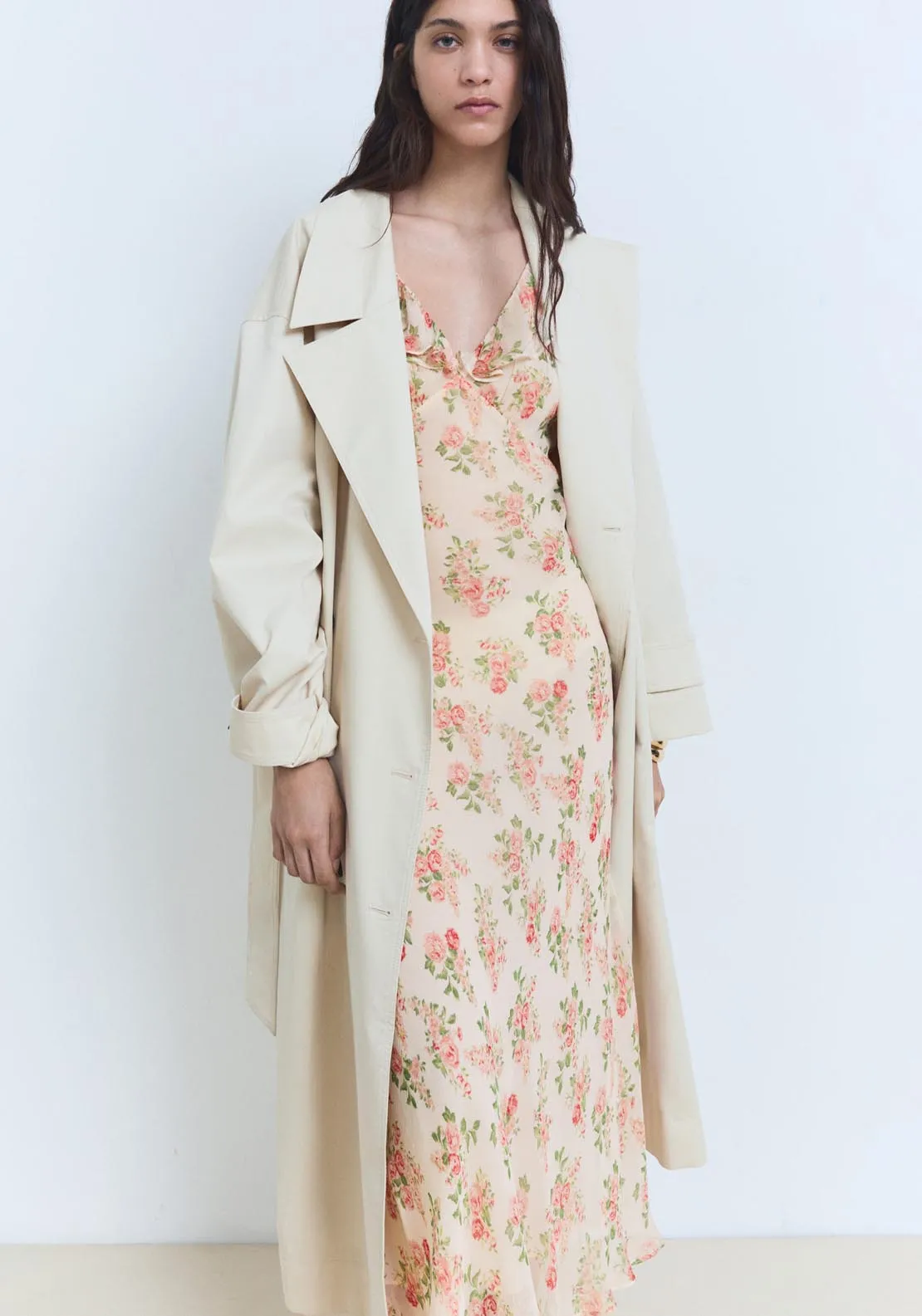 Floral Midi Dress With Bow - Light Beige