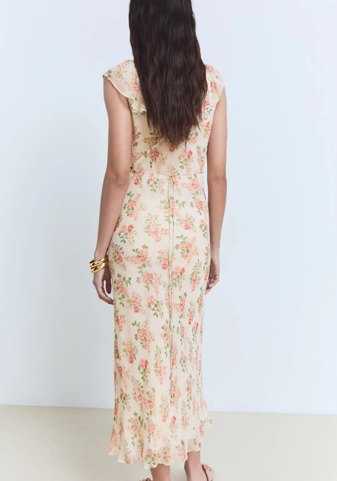 Floral Midi Dress With Bow - Light Beige