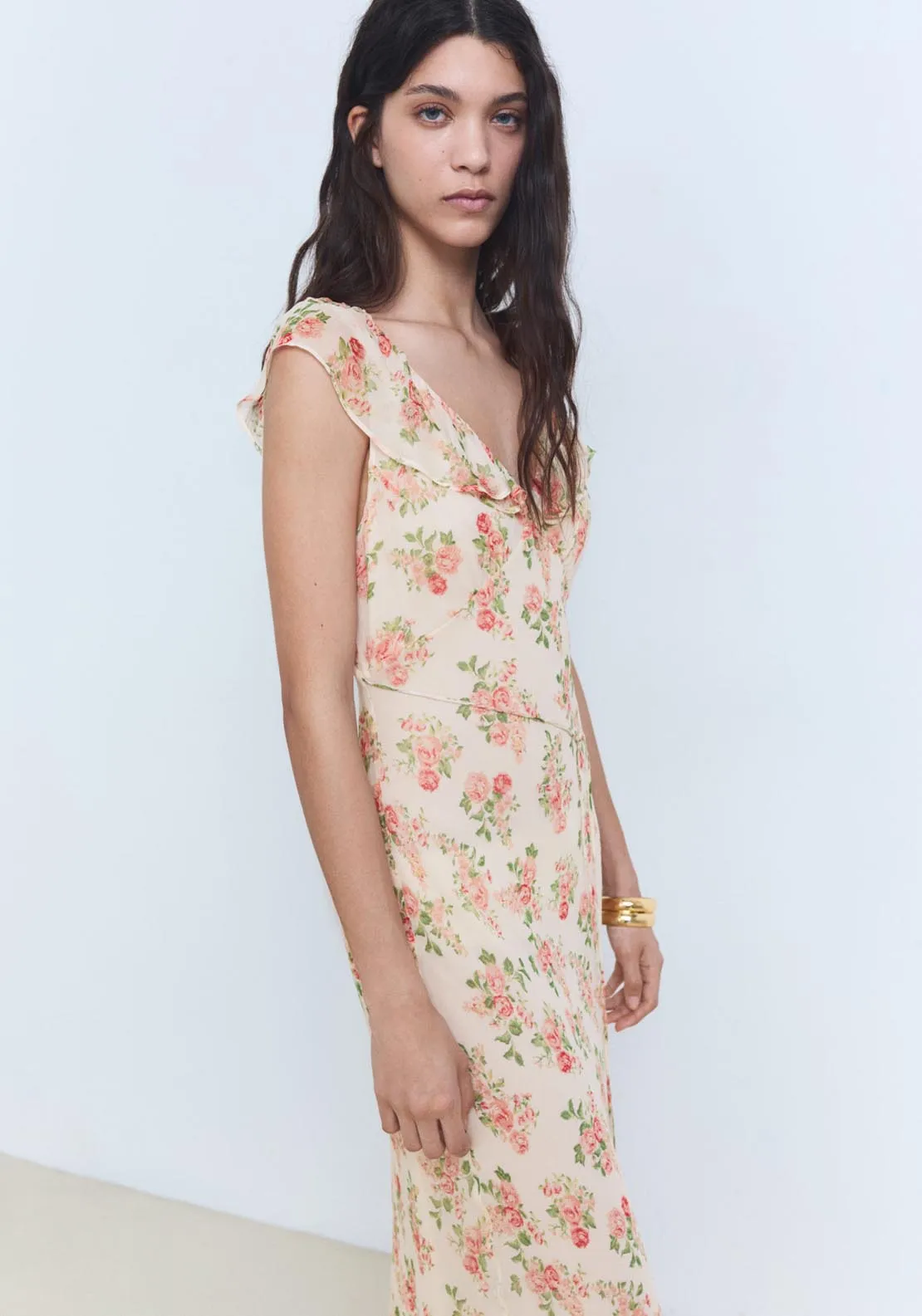 Floral Midi Dress With Bow - Light Beige