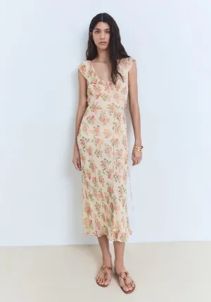Floral Midi Dress With Bow - Light Beige