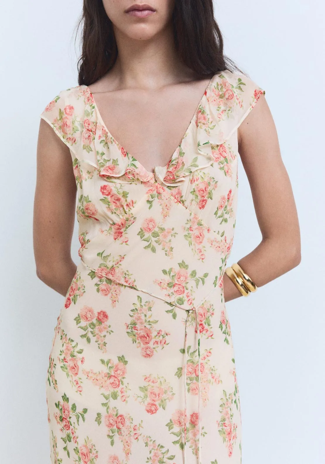 Floral Midi Dress With Bow - Light Beige