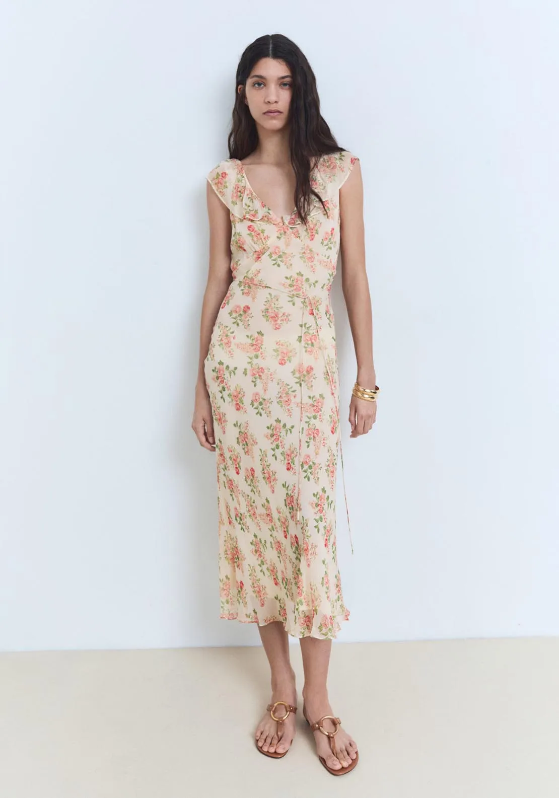 Floral Midi Dress With Bow - Light Beige