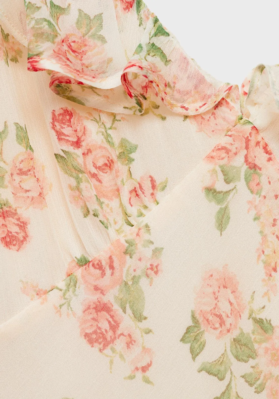 Floral Midi Dress With Bow - Light Beige