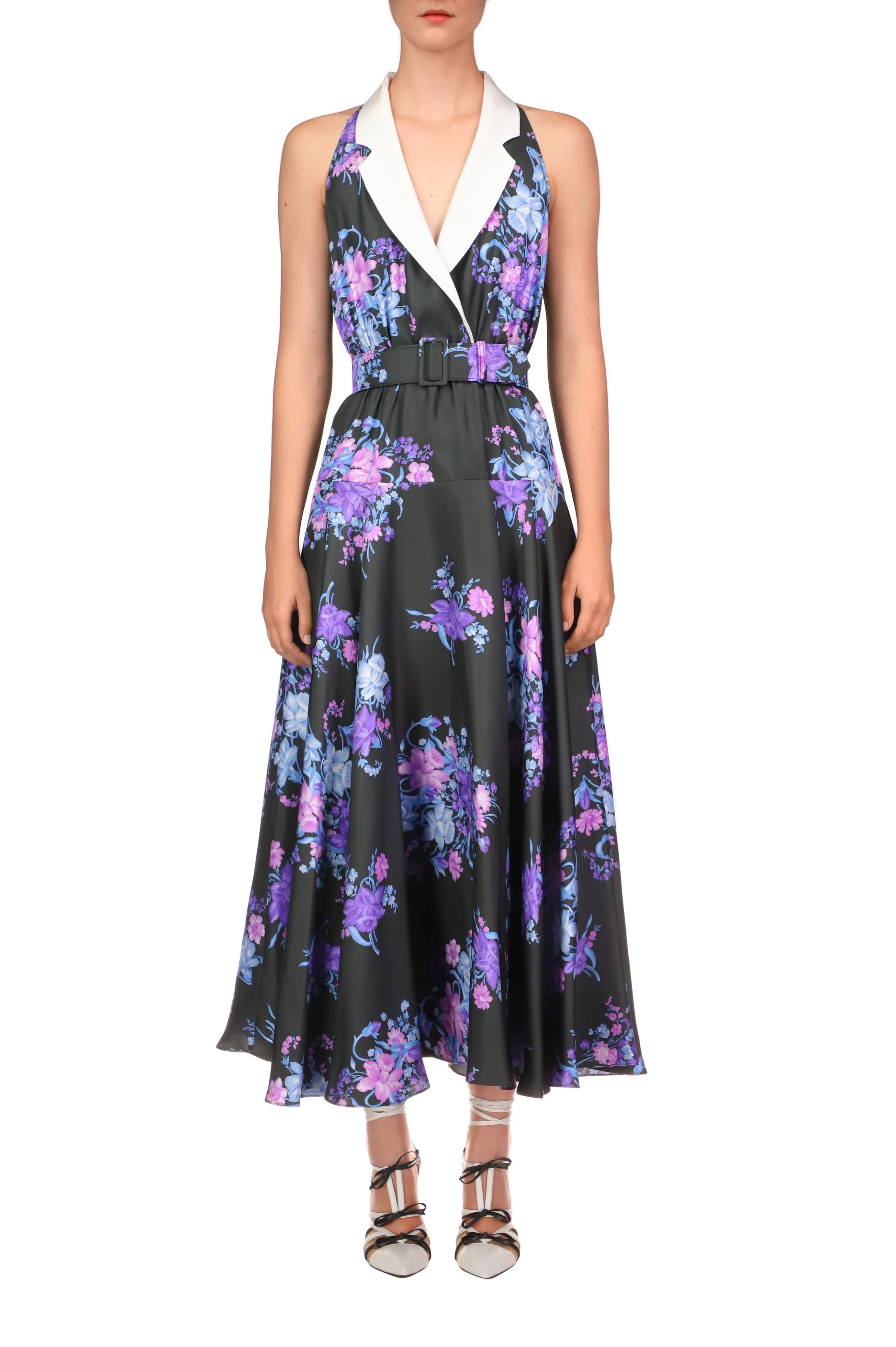 Floral Printed Silk Twill Collared Halter Dress With Belt Detail