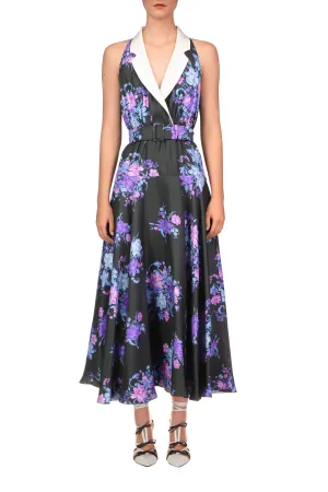 Floral Printed Silk Twill Collared Halter Dress With Belt Detail
