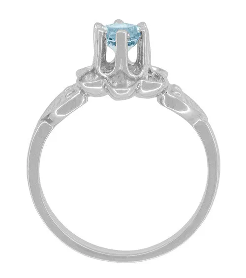 Flowers and Leaves Aquamarine Engagement Ring in 14 Karat White Gold