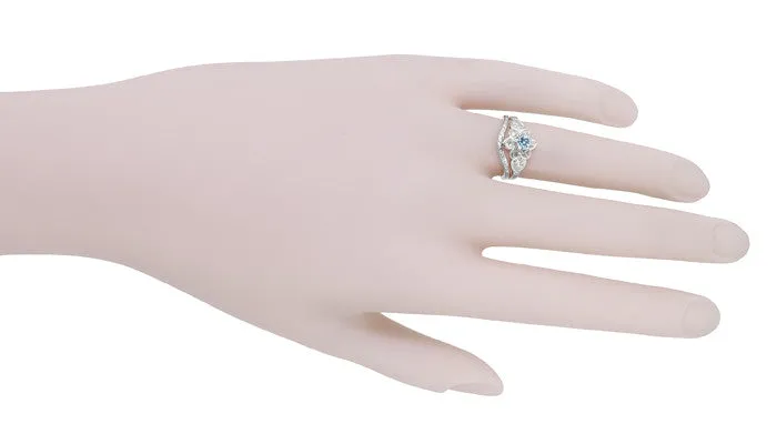 Flowers and Leaves Aquamarine Engagement Ring in 14 Karat White Gold