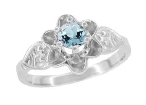 Flowers and Leaves Aquamarine Engagement Ring in 14 Karat White Gold