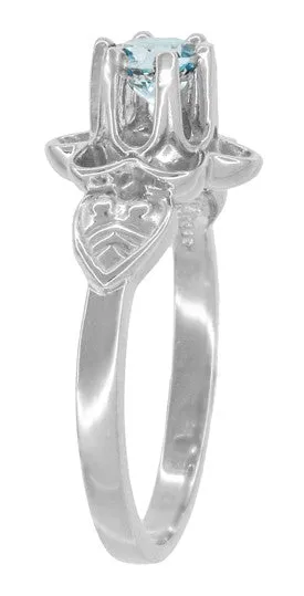 Flowers and Leaves Aquamarine Engagement Ring in 14 Karat White Gold