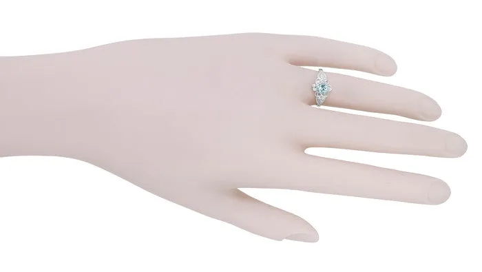 Flowers and Leaves Aquamarine Engagement Ring in 14 Karat White Gold