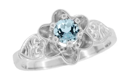 Flowers and Leaves Aquamarine Engagement Ring in 14 Karat White Gold