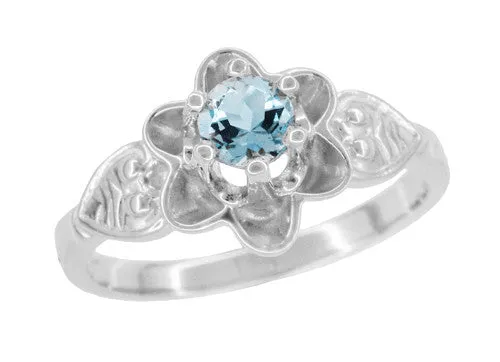 Flowers and Leaves Aquamarine Engagement Ring in 14 Karat White Gold