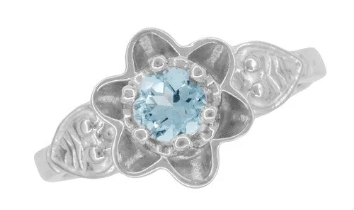 Flowers and Leaves Aquamarine Engagement Ring in 14 Karat White Gold