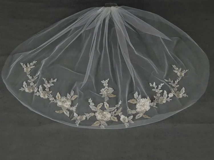 Gold and Silver Embroidered Floral Lace Fingertip Wedding Veil
