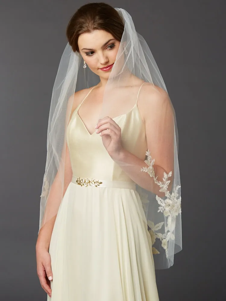 Gold and Silver Embroidered Floral Lace Fingertip Wedding Veil