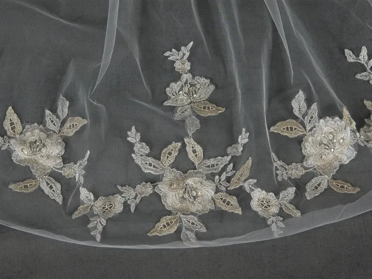 Gold and Silver Embroidered Floral Lace Fingertip Wedding Veil