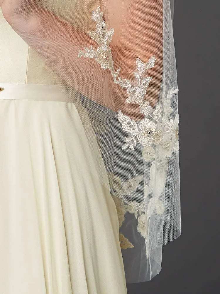 Gold and Silver Embroidered Floral Lace Fingertip Wedding Veil