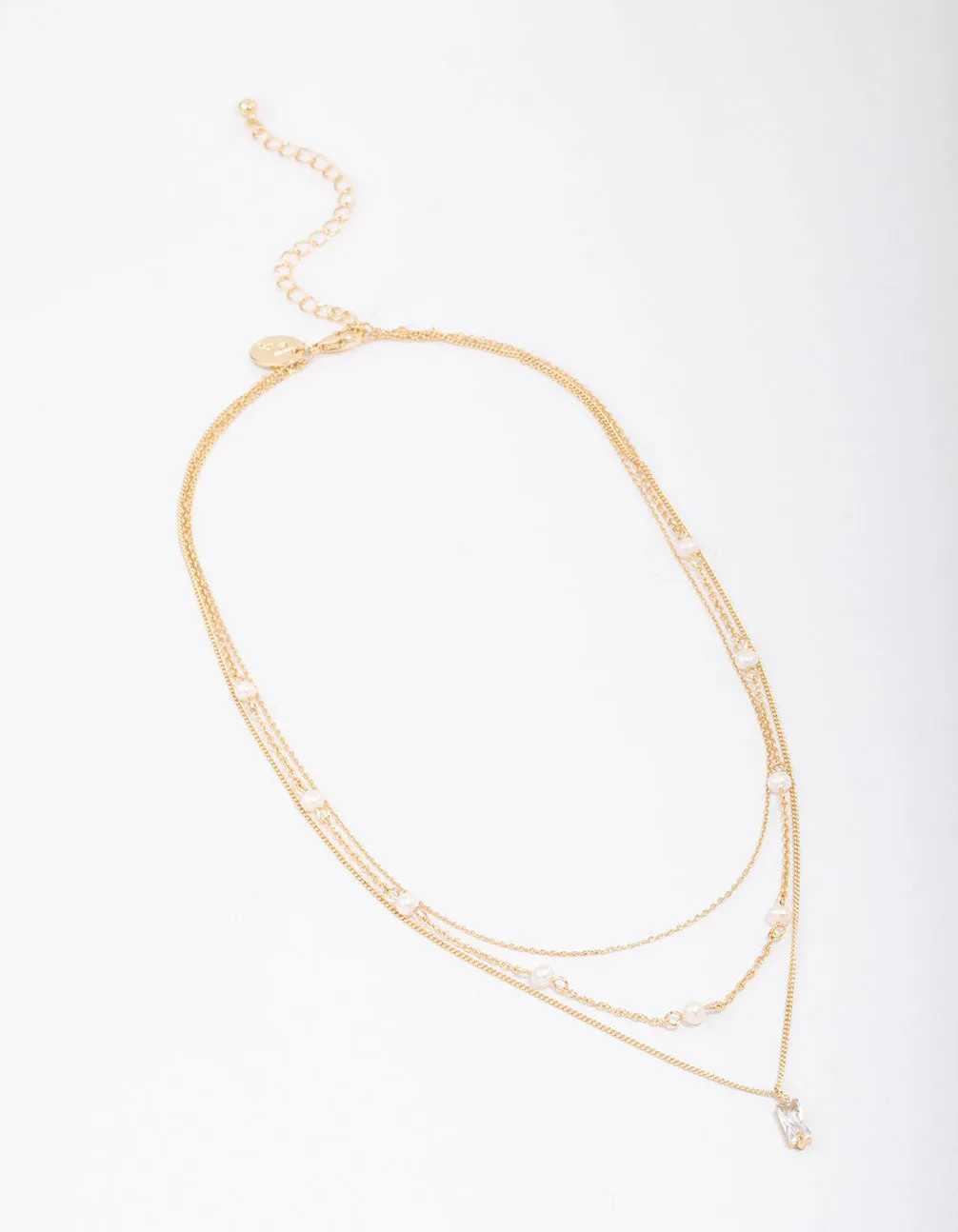 Gold Plated Brass Trio Pearl Baguette Layered Necklace