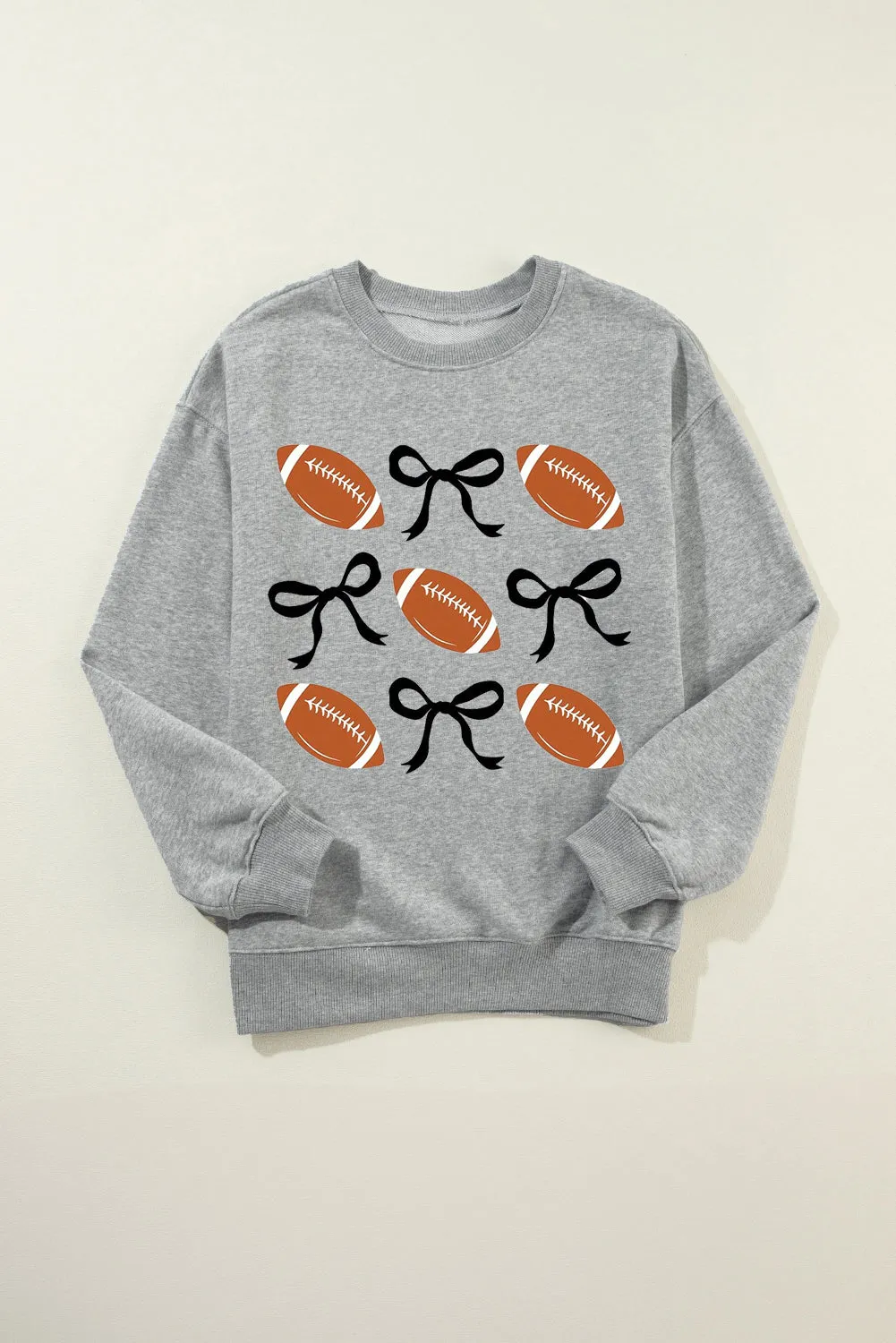 Gray Rugby Football Bow Knot Print Crewneck Sweatshirt