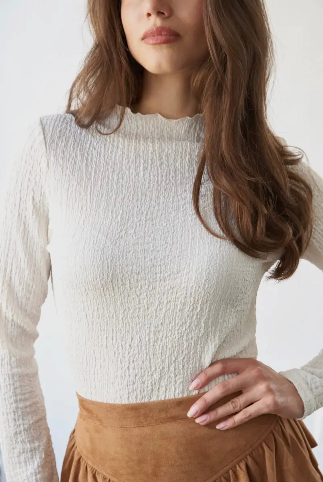 High Ruffle Neckline Long Sleeve Top