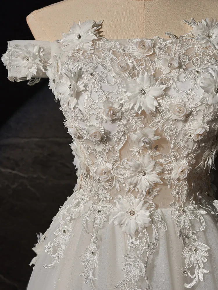Ivory Off-the-shoulder A Line Long Wedding Dress with Flower Appliques