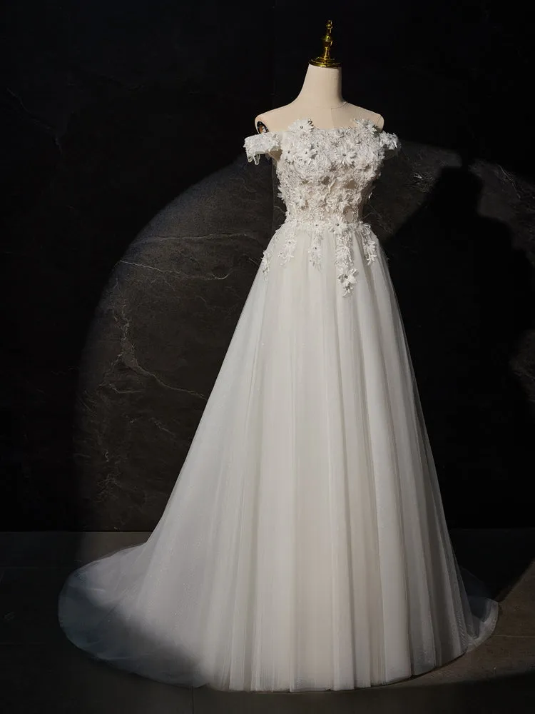 Ivory Off-the-shoulder A Line Long Wedding Dress with Flower Appliques