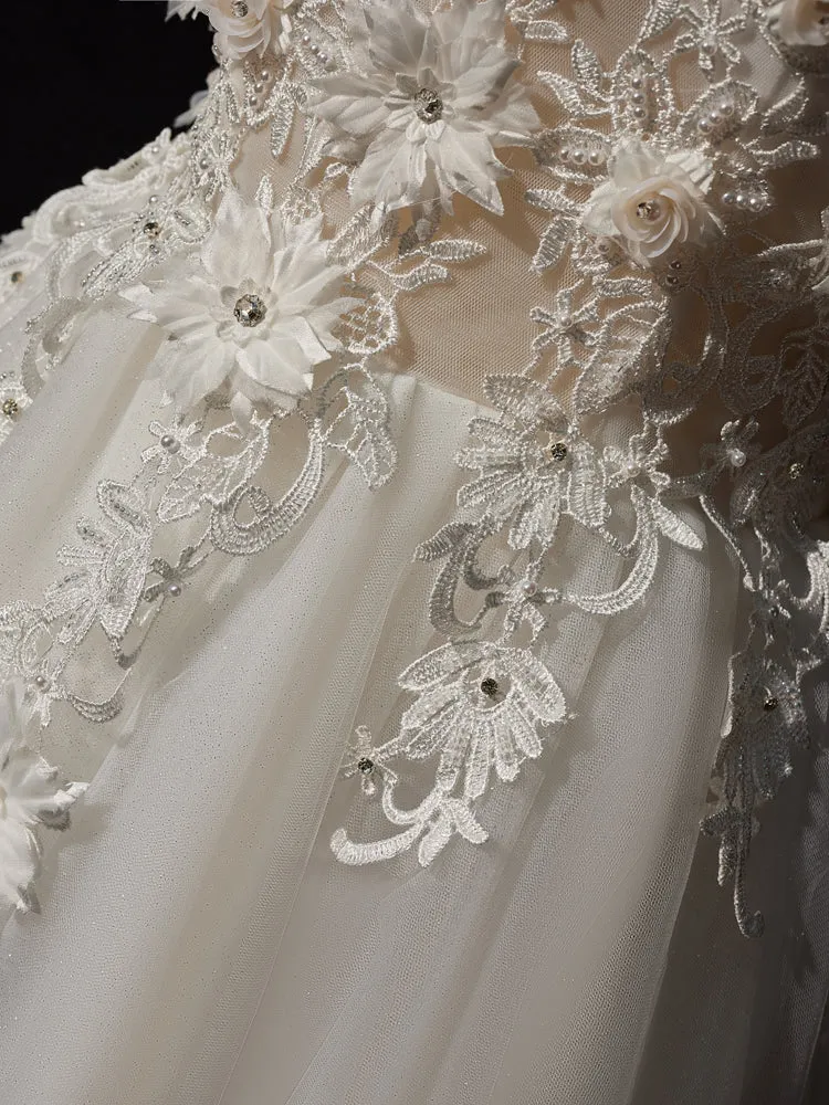 Ivory Off-the-shoulder A Line Long Wedding Dress with Flower Appliques