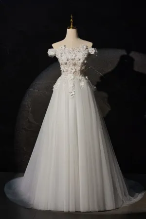 Ivory Off-the-shoulder A Line Long Wedding Dress with Flower Appliques
