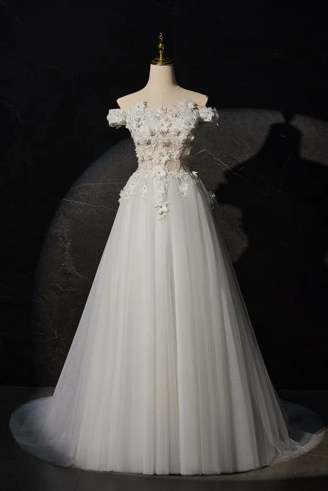 Ivory Off-the-shoulder A Line Long Wedding Dress with Flower Appliques