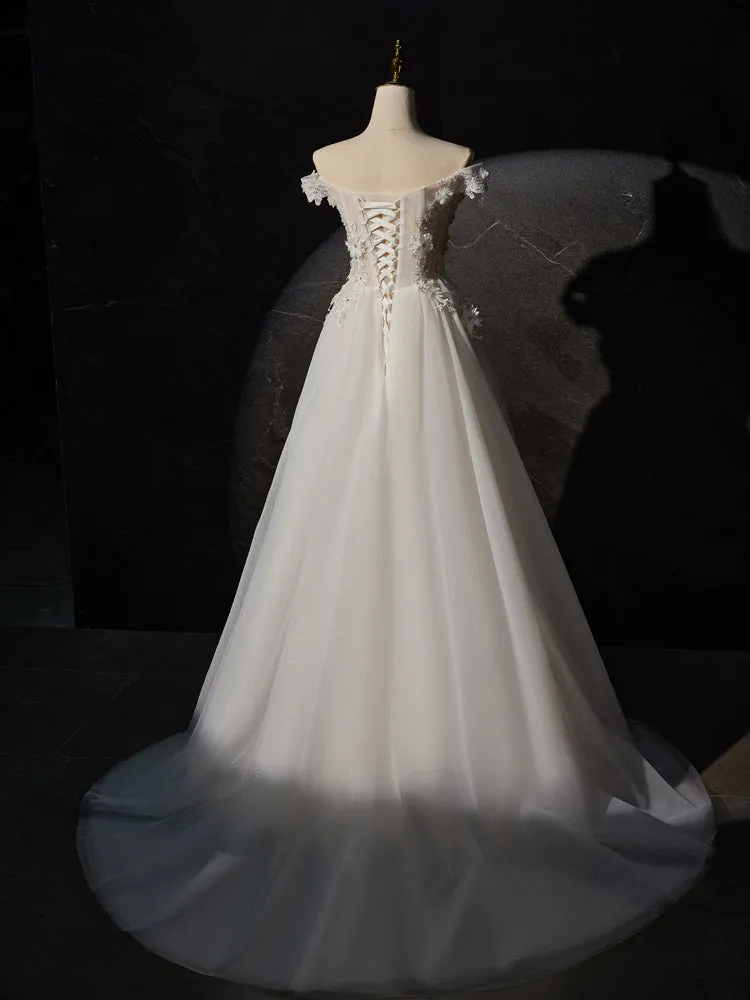 Ivory Off-the-shoulder A Line Long Wedding Dress with Flower Appliques