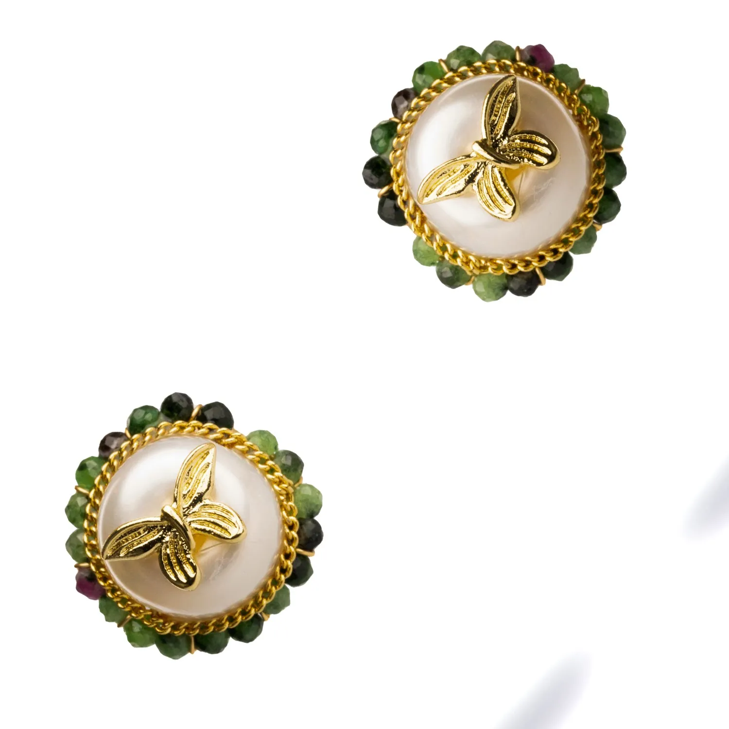 Jade Halo Pearl & Gold Butterfly Stud Earrings