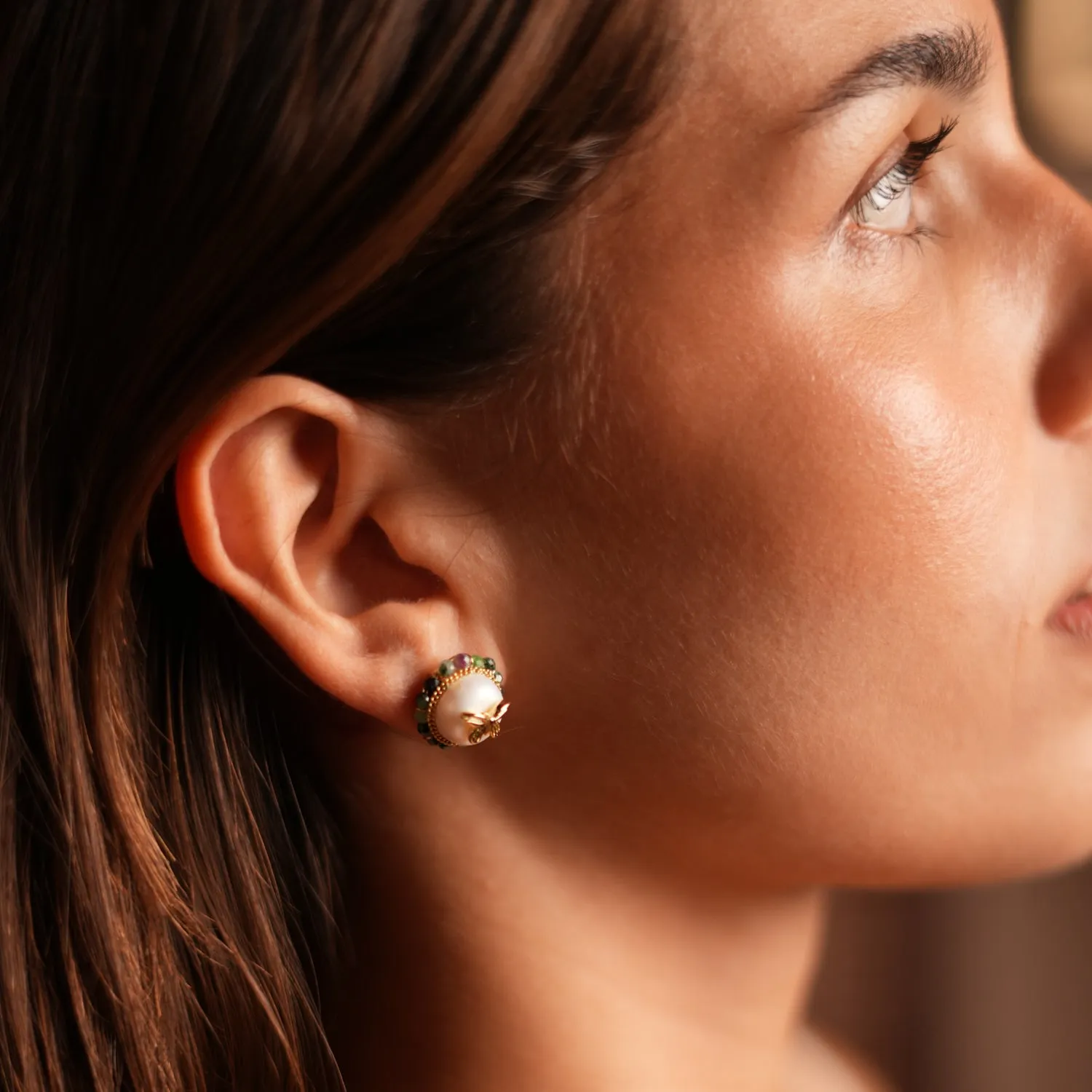 Jade Halo Pearl & Gold Butterfly Stud Earrings