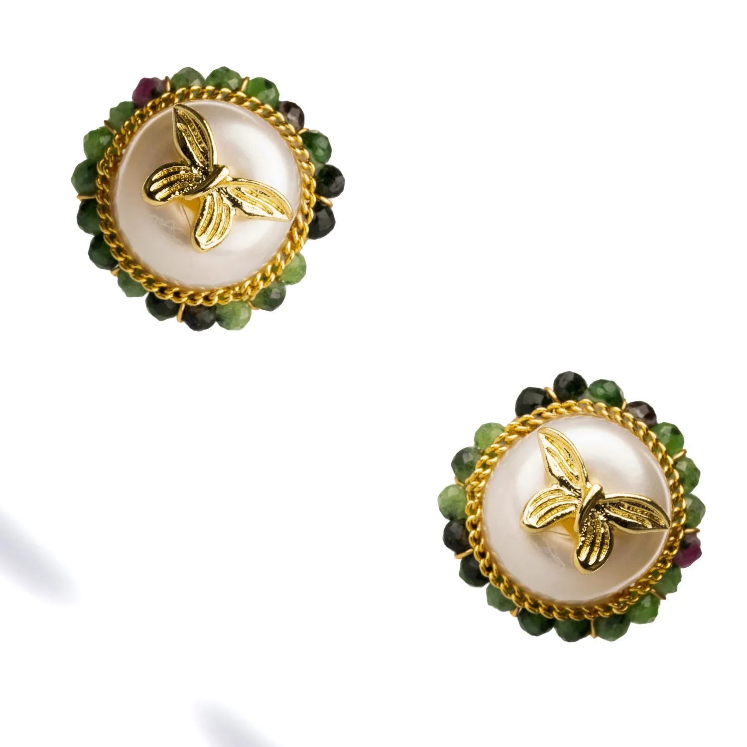 Jade Halo Pearl & Gold Butterfly Stud Earrings