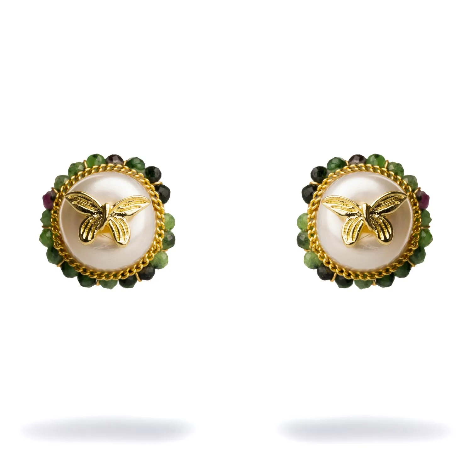 Jade Halo Pearl & Gold Butterfly Stud Earrings
