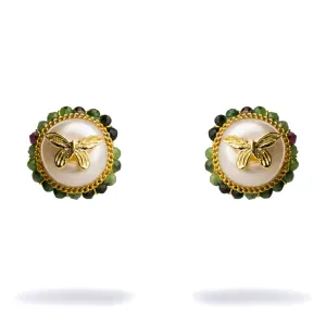 Jade Halo Pearl & Gold Butterfly Stud Earrings