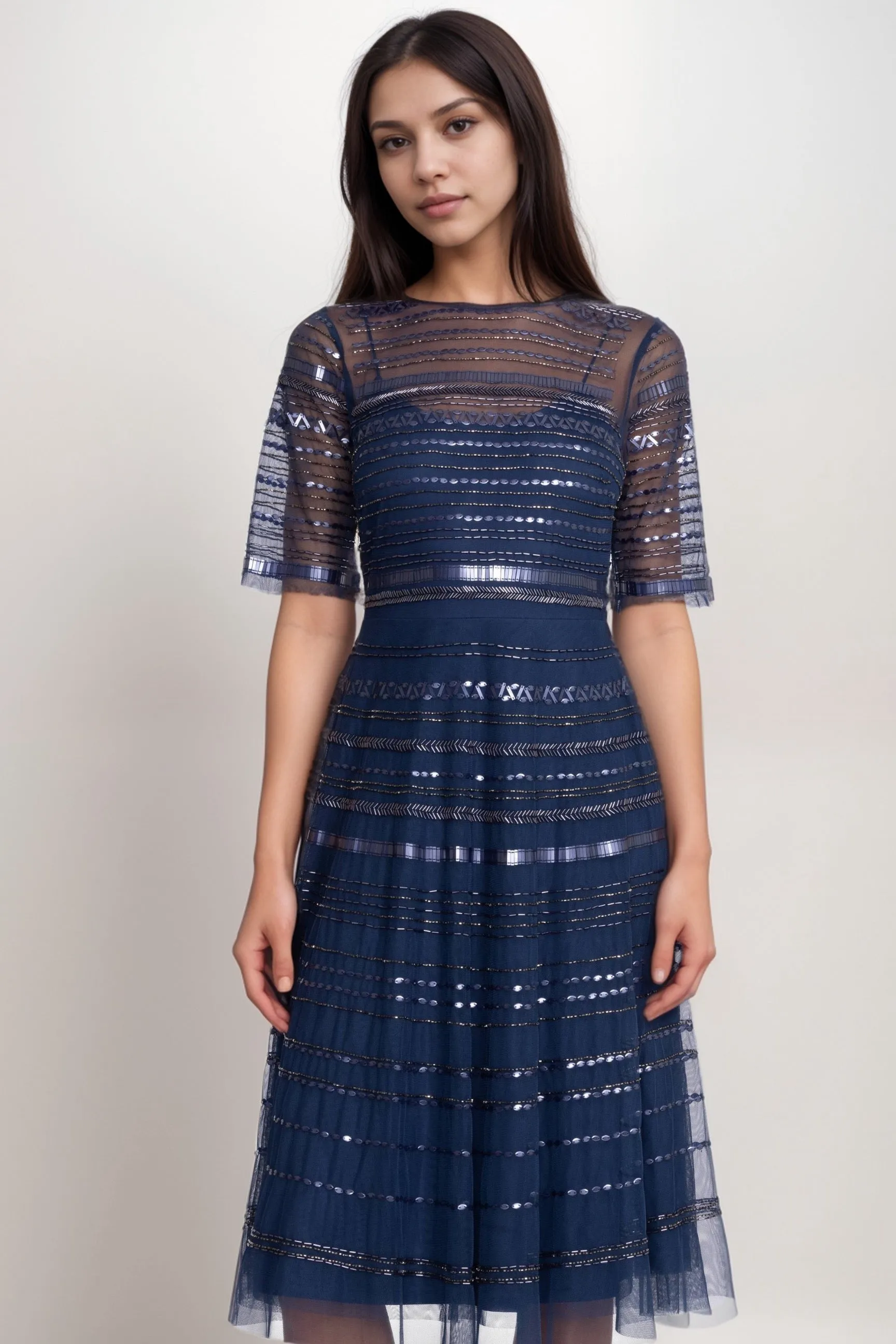 Johnny Was Navy Bead Fest Mesh Dress R35924