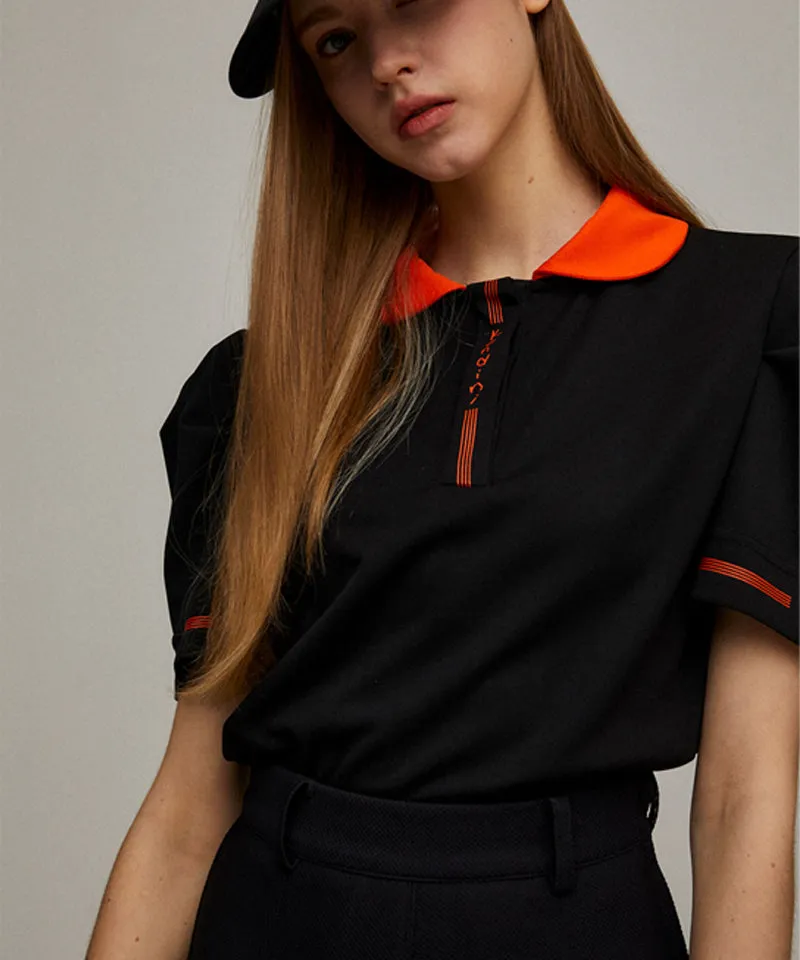 KANDINI Color Round Polo Shirts With Puff Sleeve - Orange