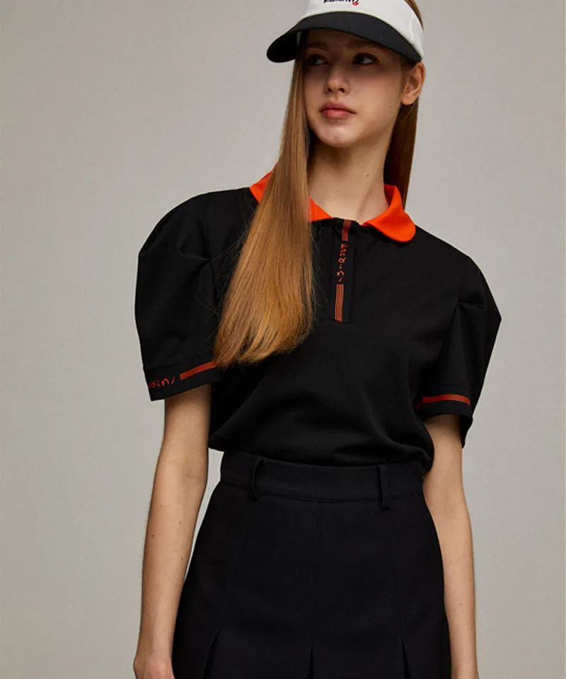 KANDINI Color Round Polo Shirts With Puff Sleeve - Orange