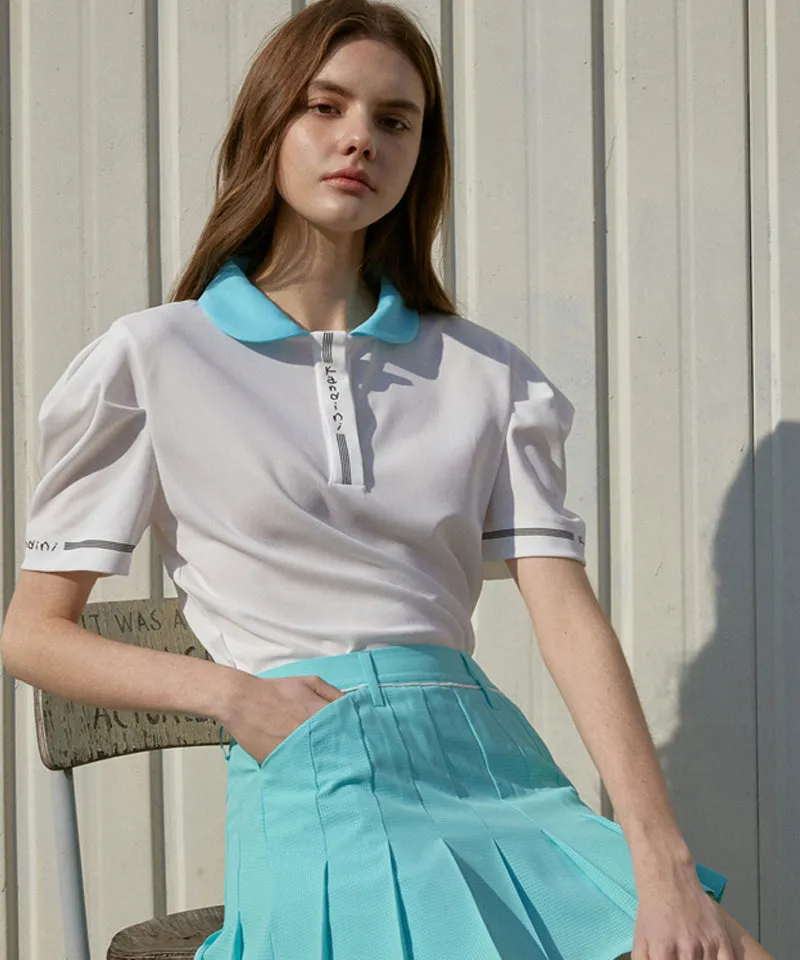 KANDINI Color Round Polo Shirts With Puff Sleeve - Sky Blue