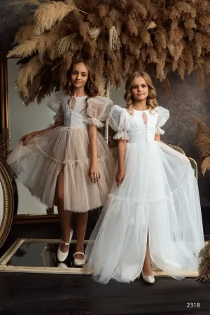 L2318 Fashionable Graduation Dress with Puff Sleeves