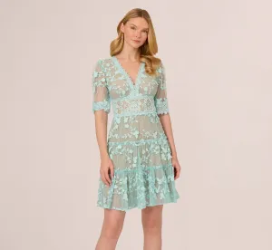 Lace Embroidered V Neck Dress With Elbow Sleeves In Airy Aqua