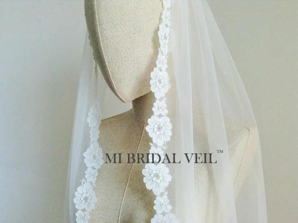 Lace Wedding Veil, Boho Flower Lace Bridal Veil Fingertip, Mi Bridal