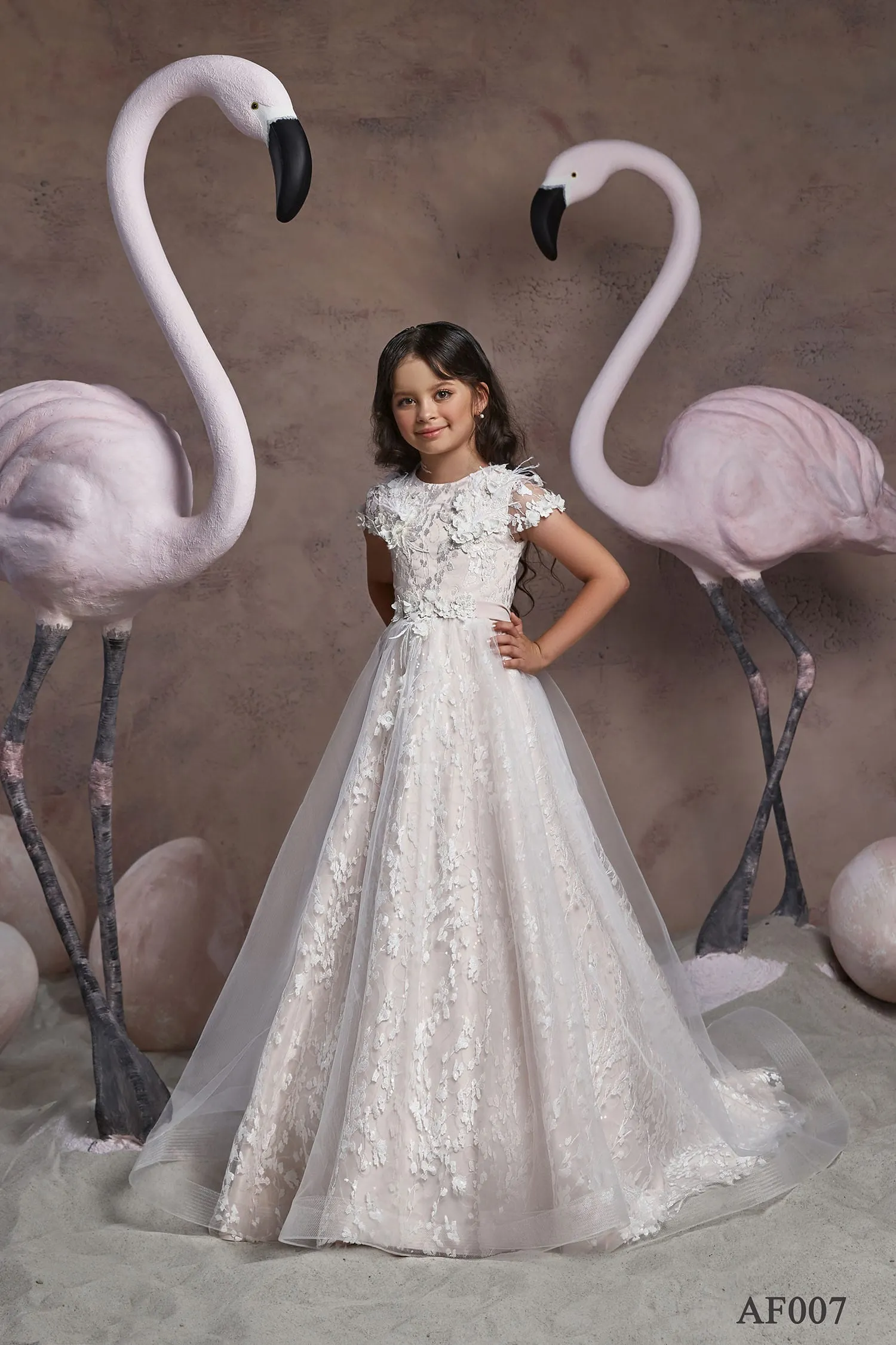 Long Flower Girl's Dress in Soft Tulle with Short Sleeves